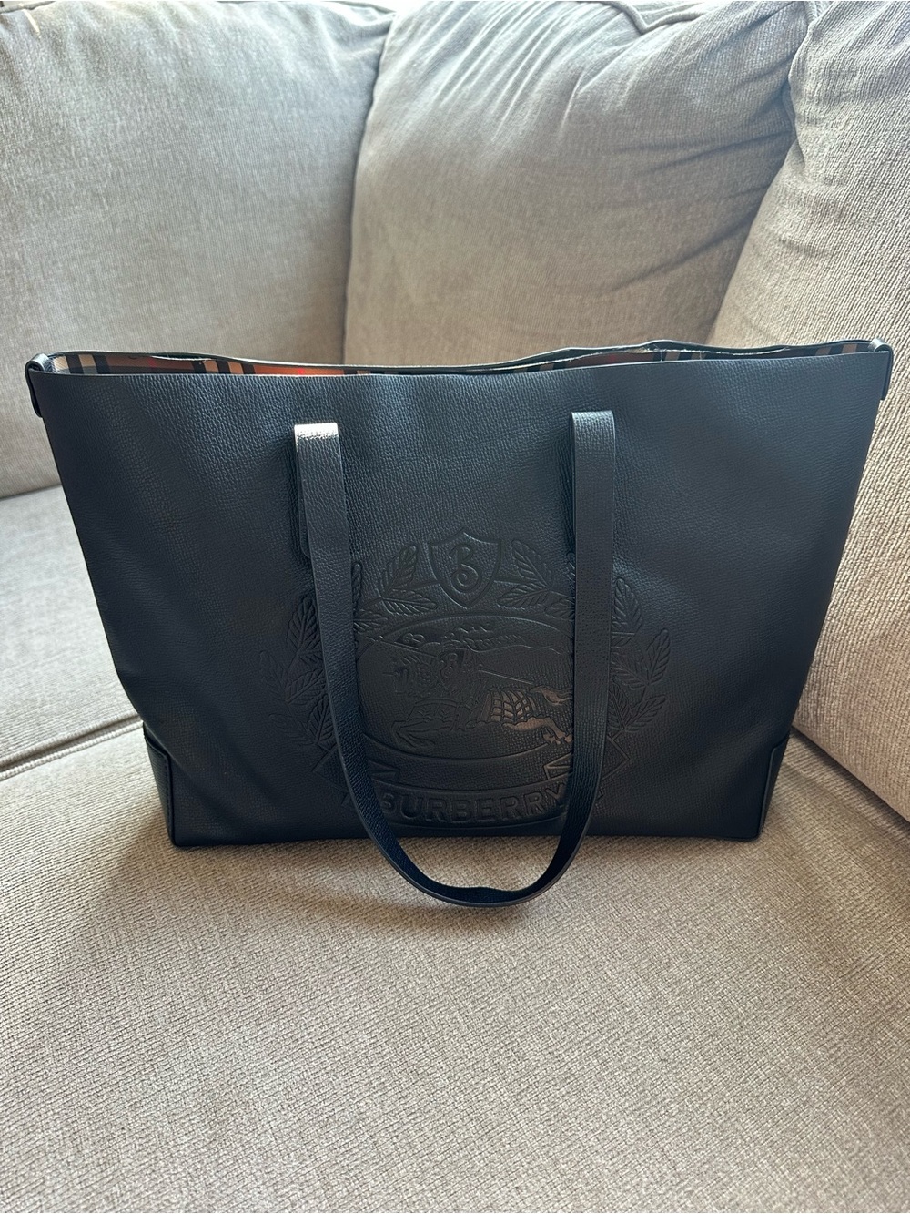 Authentic Burberry Black Leather Embossed Crest Tote with Signature Plaid Lining